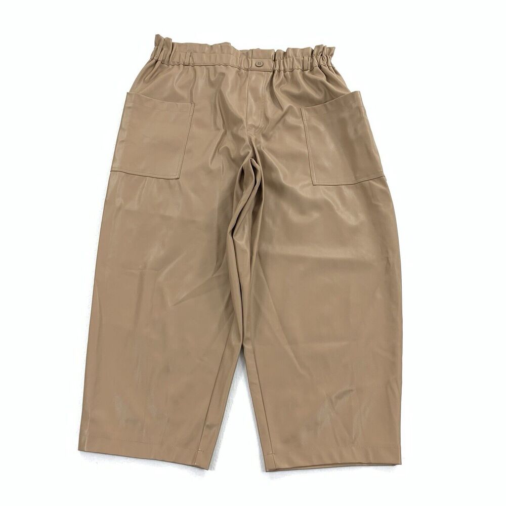 Ophelia Roe Vegan Faux Leather Elastic Waist Paperbag Pants 2x Womens Beige Tan
